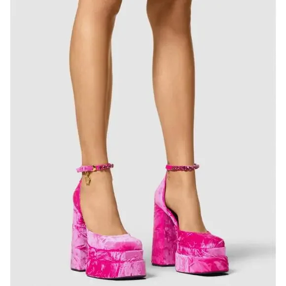 NIB Versace Medusa Aevitas Fuchsia Pink Velvet Crystal Platform Pumps 38 8 $1575